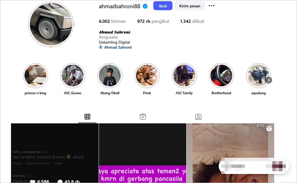 Tampilan Feed Instagram Ahmad Sahroni usai Hapus Postingan Tentang Salsa Erwina